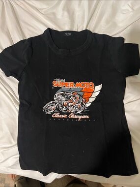 Brandy Melville Black Super Moto Graphic Tee with Orange Accents